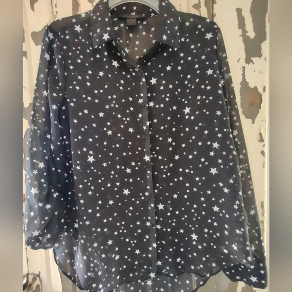BLACK SHEER BLOUSE W/WHITE STARS, XL NWOT